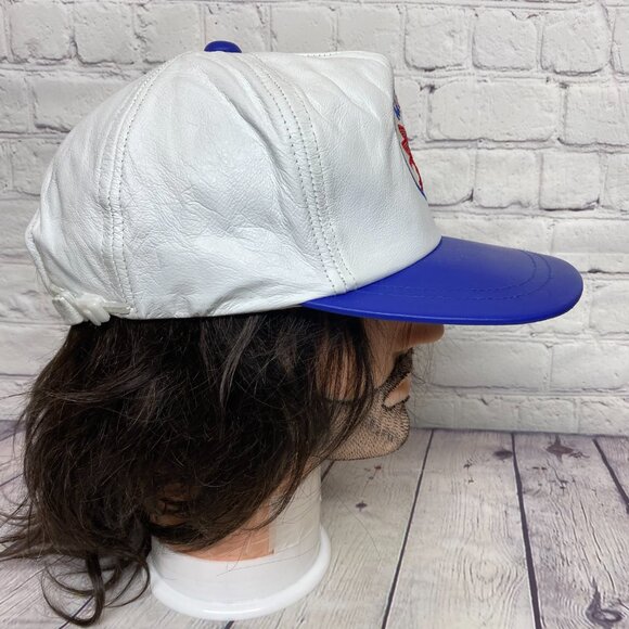 Vintage Mobil Oil Leather Hat Cap Strap Back White Blue Embroidered Pegasus Logo - Picture 4 of 10